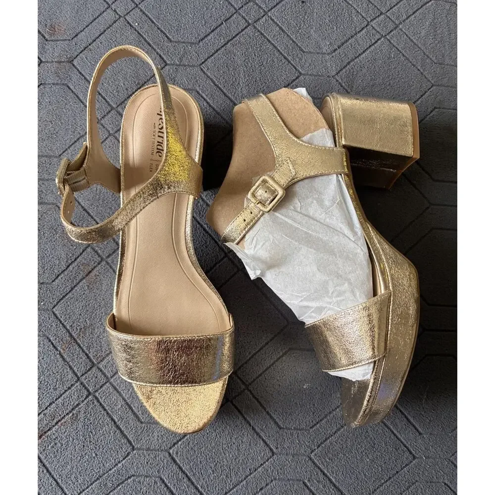 LifeStride Gold Metallic Strappy Sandals Ankle Strap Buckle Closure Size 11W